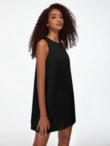 SHEIN BASICS Solid Round Neck Loose Fit Tank Dress - Black - View 7