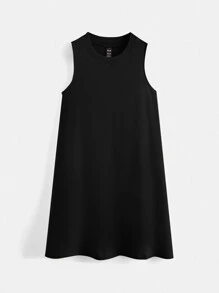 SHEIN BASICS Solid Round Neck Loose Fit Tank Dress - Black - View 8
