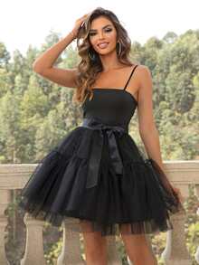 Joyfunear Contrast Mesh Belted Cami Dress Black Summer Elegant - Black - View 3