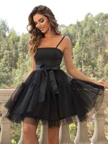 Joyfunear Contrast Mesh Belted Cami Dress Black Summer Elegant - Black - View 4