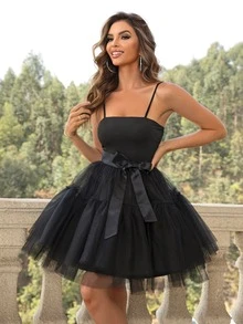 Joyfunear Contrast Mesh Belted Cami Dress Black Summer Elegant - Black - View 5