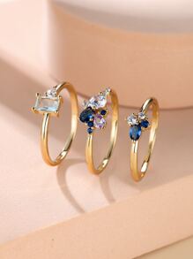 3入組/套方晶鋯石裝飾戒指 - 金黃色 - 查看 1