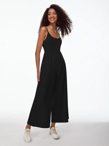 SHEIN BASICS Solid Wide Leg Cami Jumpsuit - Black - View 3