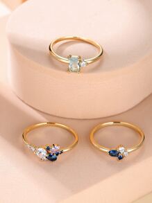 3入組/套方晶鋯石裝飾戒指 - 金黃色 - 查看 5