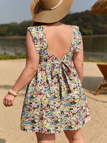 SHEIN Frenchy Váy Boho hở lưng in họa tiết hoa buộc dây mùa hè - Nhiều màu - Xem 1