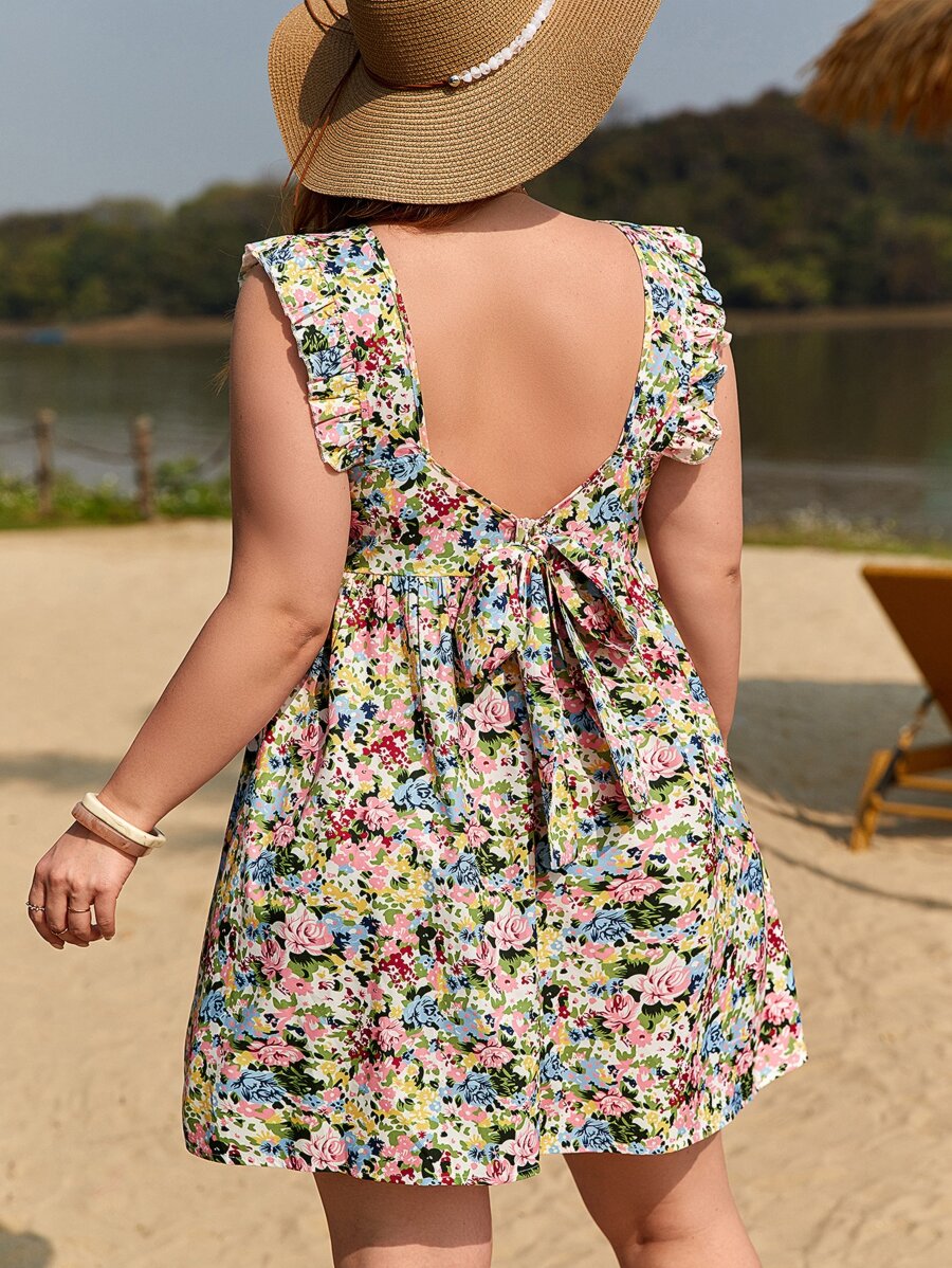 SHEIN Frenchy Váy Boho hở lưng in họa tiết hoa buộc dây mùa hè - Nhiều màu - Xem 1