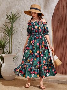 SHEIN Teen Girls Tropical Print Off Shoulder Top & Ruffle Hem Skirt - Multicolor - View 2
