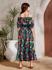 SHEIN Teen Girls Tropical Print Off Shoulder Top & Ruffle Hem Skirt - Multicolor - View 3