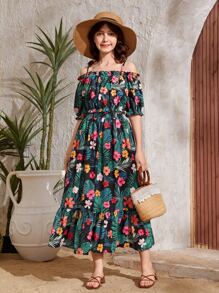SHEIN Teen Girls Tropical Print Off Shoulder Top & Ruffle Hem Skirt - Multicolor - View 4