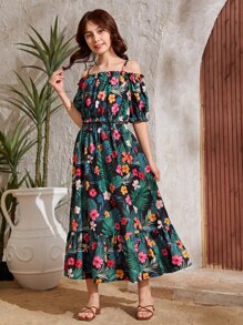 SHEIN Teen Girls Tropical Print Off Shoulder Top & Ruffle Hem Skirt - Multicolor - View 1