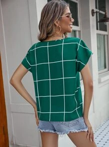 SHEIN Clasi Grid Print Notched Neckline Batwing Sleeve Blouse - Olive Green - View 2