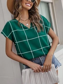 SHEIN Clasi Grid Print Notched Neckline Batwing Sleeve Blouse - Olive Green - View 4