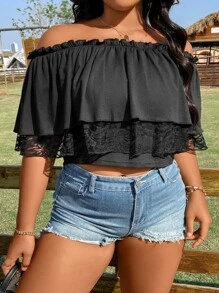 SHEIN Holidaya Top crop de hombros descubiertos con encaje en contraste ribete fruncido - Negro - Ver 3