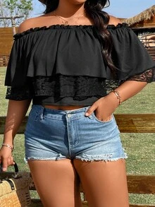 SHEIN Holidaya Top crop de hombros descubiertos con encaje en contraste ribete fruncido - Negro - Ver 5