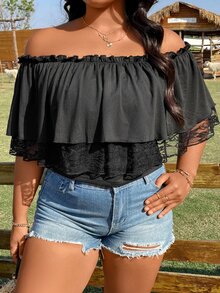 SHEIN Holidaya Top crop de hombros descubiertos con encaje en contraste ribete fruncido - Negro - Ver 2