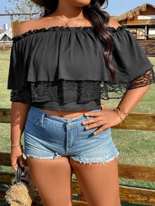 SHEIN Holidaya Top crop de hombros descubiertos con encaje en contraste ribete fruncido - Negro - Ver 6
