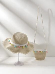 1入組/套女孩手工編織草編帽帶小絨球球裝飾用品,淺褐色顏色,適用於海灘和日常使用