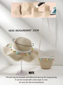 1入組/套女孩手工編織草編帽帶小絨球球裝飾用品,淺褐色顏色,適用於海灘和日常使用