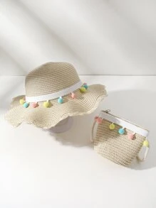 1入組/套女孩手工編織草編帽帶小絨球球裝飾用品,淺褐色顏色,適用於海灘和日常使用