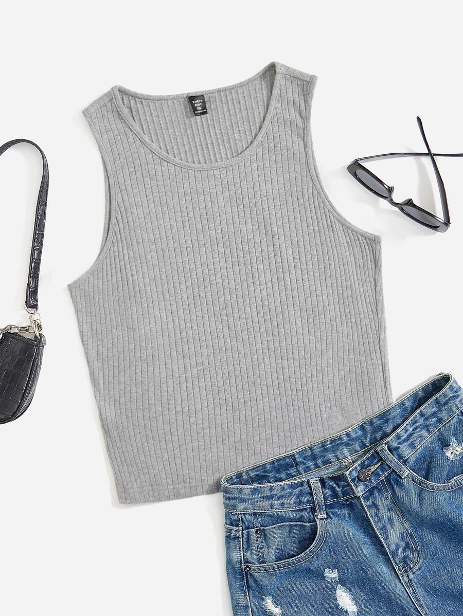 SHEIN EZwear Plus Solid Ribbed Knit Tank Top - Light Grey - View 1