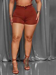 SHEIN SXY Paperbag Waist Button Front Skinny Shorts - Rust Brown - View 1