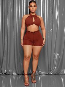 SHEIN SXY Paperbag Waist Button Front Skinny Shorts - Rust Brown - View 4