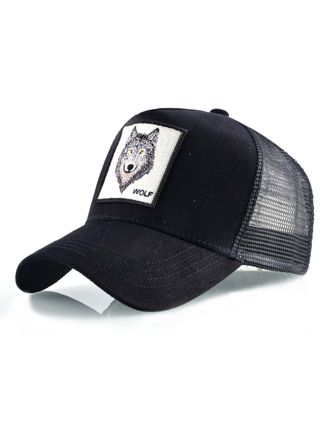 狼和字母刺繡網眼棒球帽 - 黑色 - 查看 1