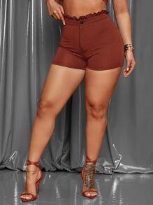 SHEIN SXY Paperbag Waist Button Front Skinny Shorts - Rust Brown - View 5