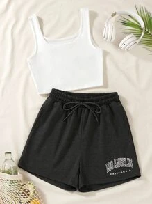 SHEIN Unity unicolor Top tank & con estampado de letra de cintura con cordón Shorts - Gris Oscuro - Ver 1