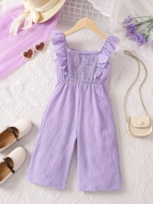 SHEIN Toddler Girls Ruffle Trim Shirred Wide Leg Jumpsuit - Mauve Purple - View 1