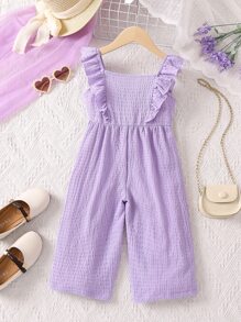 SHEIN Toddler Girls Ruffle Trim Shirred Wide Leg Jumpsuit - Mauve Purple - View 2