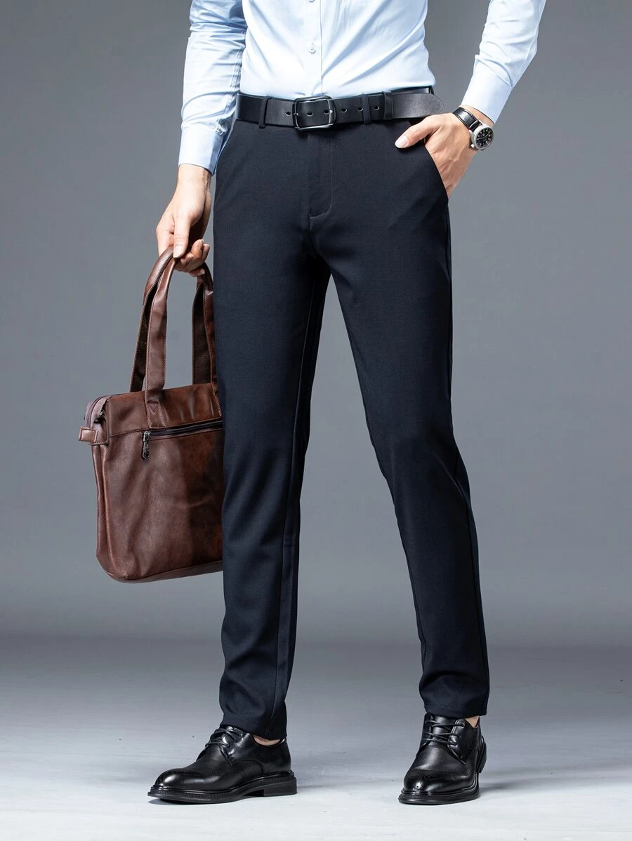 Men Solid Slant Pocket Suit Trousers Without Belt - Navy Blue - View 1