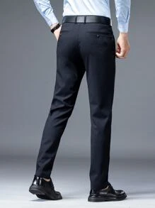 Men Solid Slant Pocket Suit Trousers Without Belt - Navy Blue - View 2