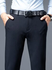 Men Solid Slant Pocket Suit Trousers Without Belt - Navy Blue - View 5
