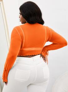 Slaydiva áo nữ kích thước lớn Bất đối xứng Xù nhỏ Thắt nơ trước màu trơn Gợi cảm - trái cam - Xem 2