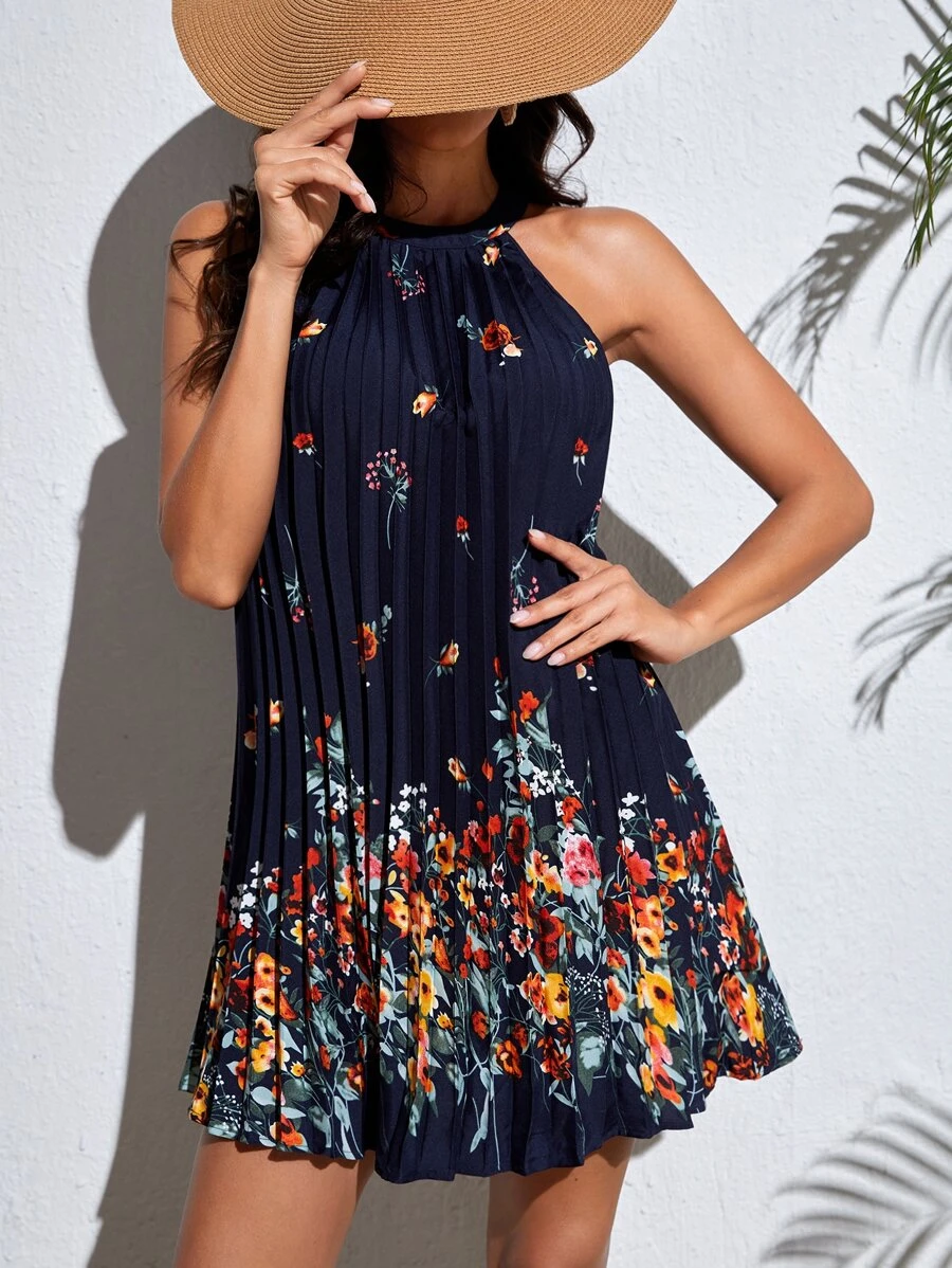 SHEIN VCAY Floral Print Pleated Detail Halter Dress - Multicolor - View 1