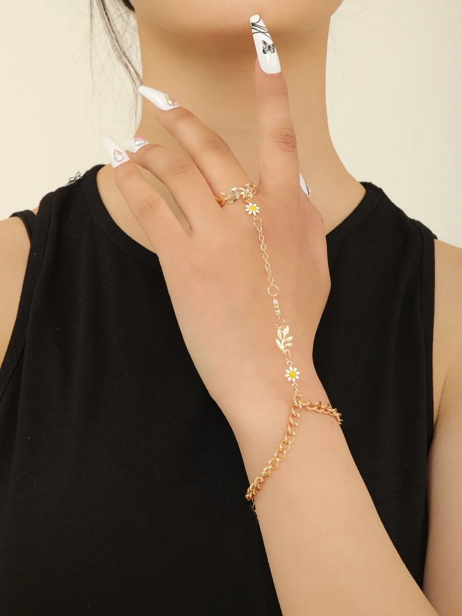 花朵裝飾連指手鏈 - 金黃色 - 查看 1