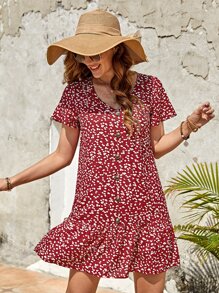 EMERY ROSE Ditsy Floral Print Button Front Ruffle Hem Smock Dress Without Belt - Red and White - View 3