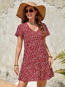 EMERY ROSE Ditsy Floral Print Button Front Ruffle Hem Smock Dress Without Belt - Red and White - View 1