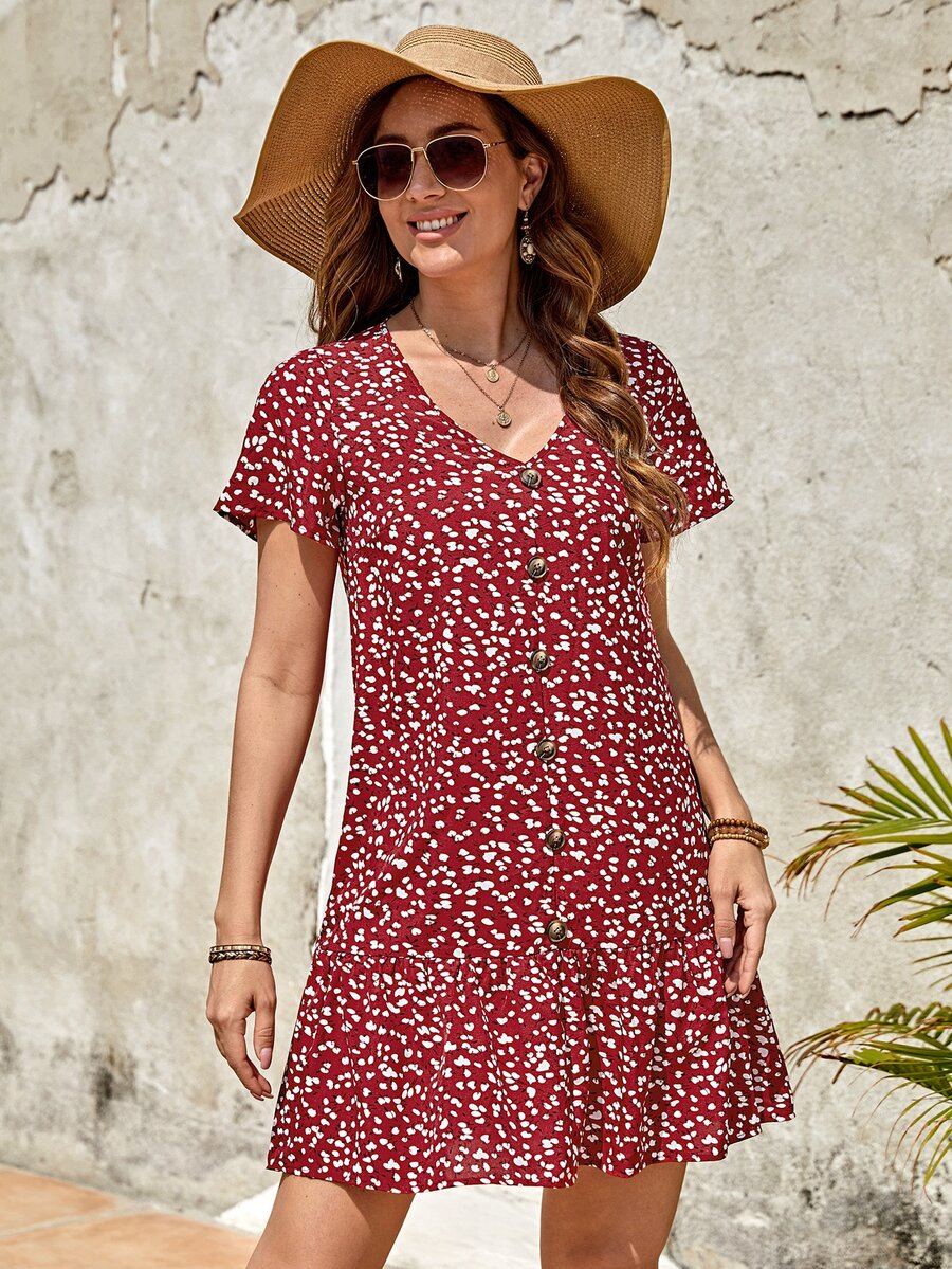 EMERY ROSE Ditsy Floral Print Button Front Ruffle Hem Smock Dress Without Belt - Red and White - View 1