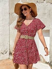 EMERY ROSE Ditsy Floral Print Button Front Ruffle Hem Smock Dress Without Belt - Red and White - View 5
