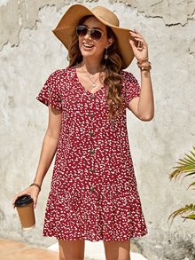 EMERY ROSE Ditsy Floral Print Button Front Ruffle Hem Smock Dress Without Belt - Red and White - View 6
