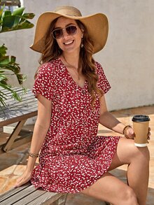 EMERY ROSE Ditsy Floral Print Button Front Ruffle Hem Smock Dress Without Belt - Red and White - View 7