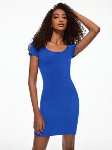 SHEIN BASICS Solid Scoop Neck Bodycon Dress - Royal Blue - View 4