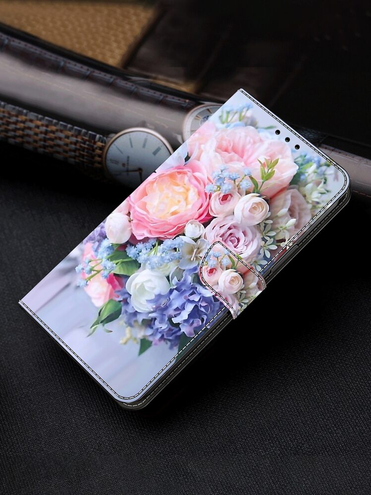 GLANDOTU PU 皮革立式折叠钱包式手机壳，带磁扣卡槽和防震翻盖，兼容三星 Galaxy 手机等 - 彩色花朵，兼容 15/15Plus/15Pro/15Promax，防水防摔防刮 - 彩色 - 查看 6