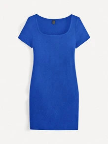 SHEIN BASICS Solid Scoop Neck Bodycon Dress - Royal Blue - View 1