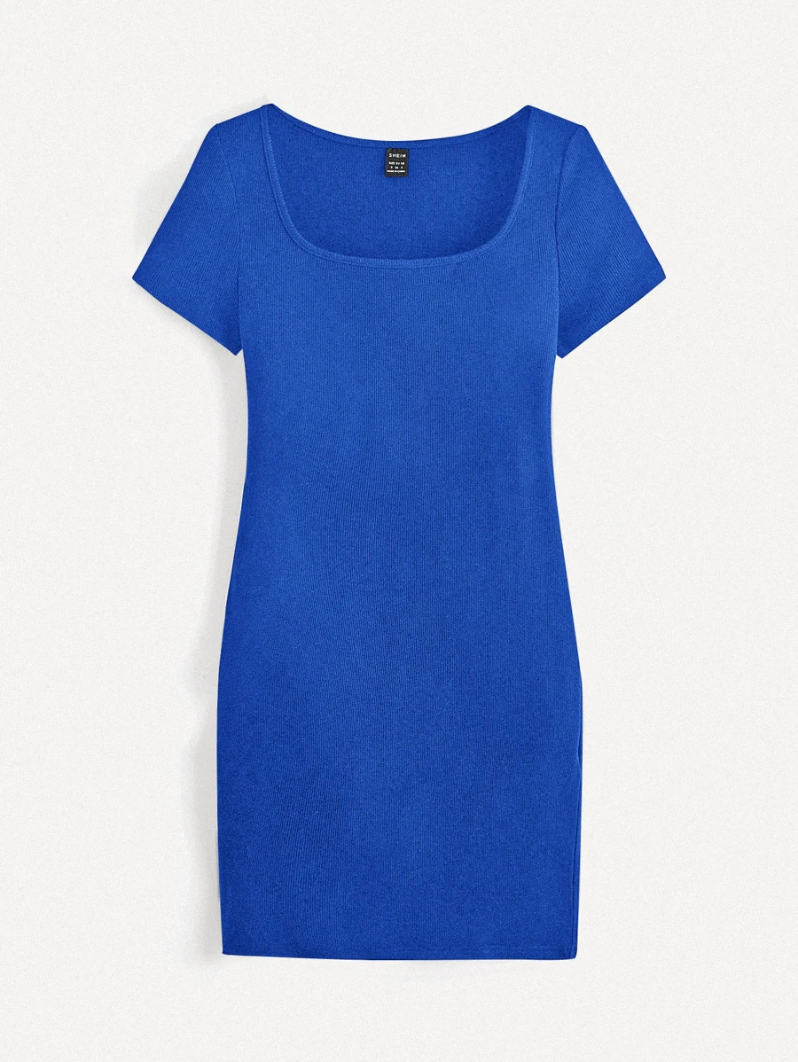 SHEIN BASICS Solid Scoop Neck Bodycon Dress - Royal Blue - View 1