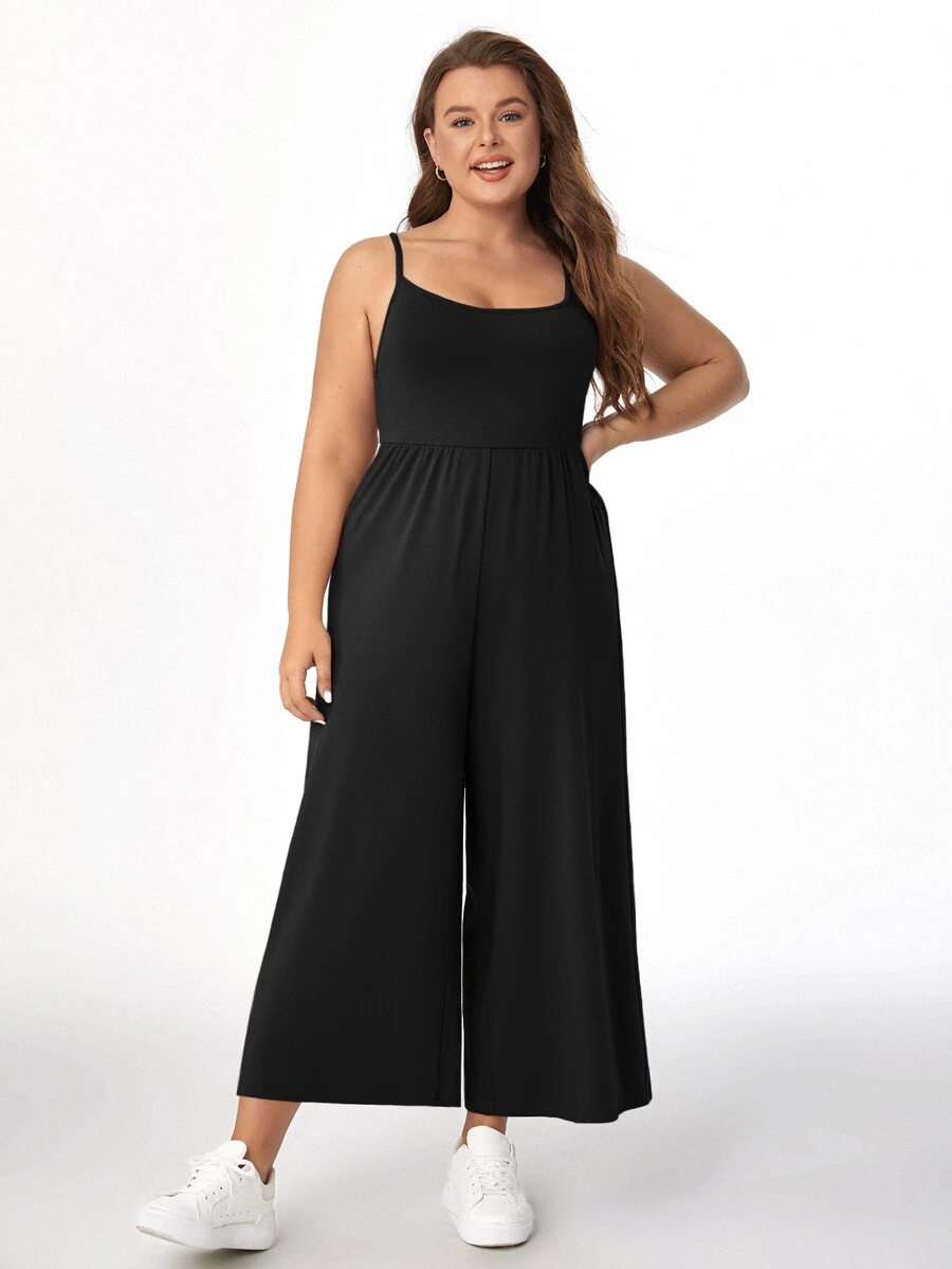 SHEIN BASICS Plus Solid Wide Leg Cami Jumpsuit - Black - View 1