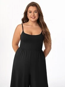 SHEIN BASICS Plus Solid Wide Leg Cami Jumpsuit - Black - View 7