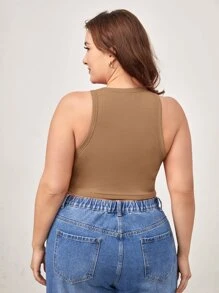 SHEIN BASICS Top De Tanque Corto Sólido Para Tallas Grandes - Marrón - Ver 2